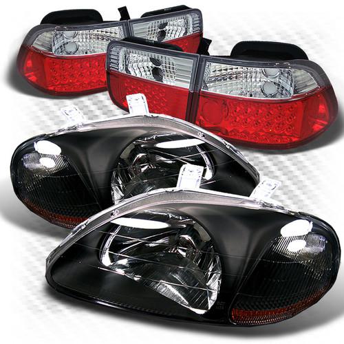 96-98 civic 2dr black headlights + red clear philips-led perform tail lights set