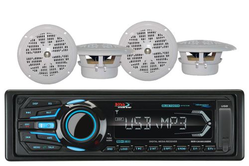 2 white 4&#034; marine speakers &amp; marine boss am fm bluetooth aux usb iphone radio