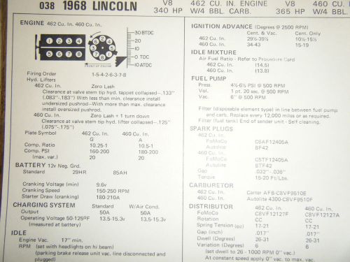 1968 lincoln 462 c i 340 hp 460 cu in 365 hp 4 bbl carb sun tune up specs sheet