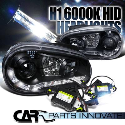 Vw 99-06 golf gti mk4 r8 led drl projector black headlights+h1 6000k hid kit