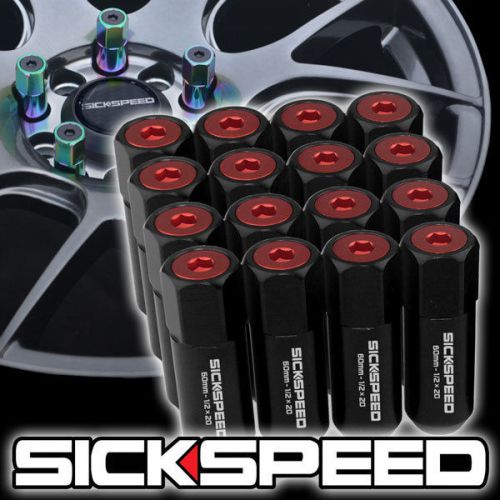 16 black/red capped aluminum 60mm extended tuner lug nuts for wheels 1/2x20 l30