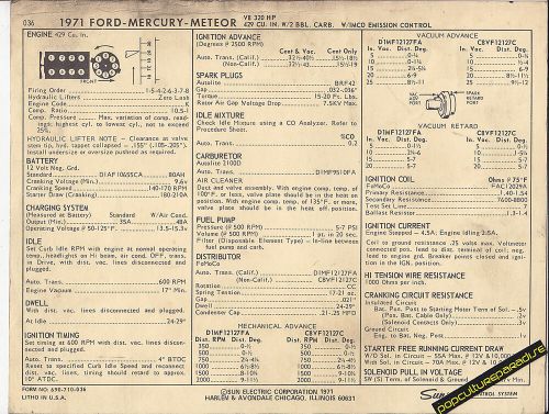 1971 ford mercury meteor v8 429 ci / 320 hp 2 bbl car sun electronic spec sheet