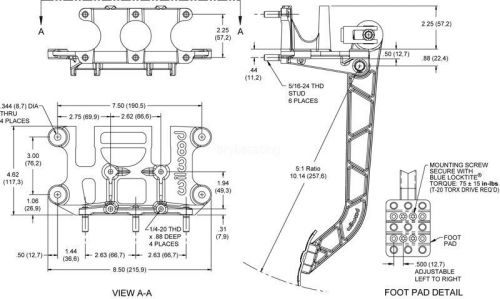 Reverse swing mount brake clutch pedal wilwood pedal 5.1:1 10.02&#034;