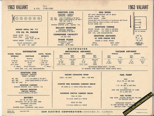 1963 plymouth valiant 6 cylinder tv-1 170 v100-200 car sun electronic spec sheet