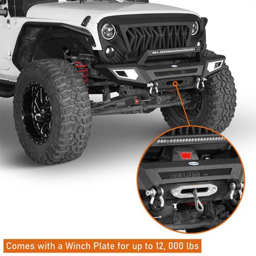 Hooke road front bumper w/light bar &amp; winch plate for 2007-2018 jeep wrangler jk