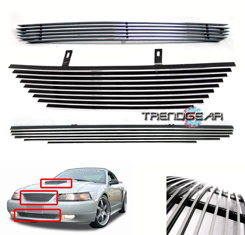 99-04 ford mustang upper+lower bumper+hood scoop billet grille combo 00 01 02 03