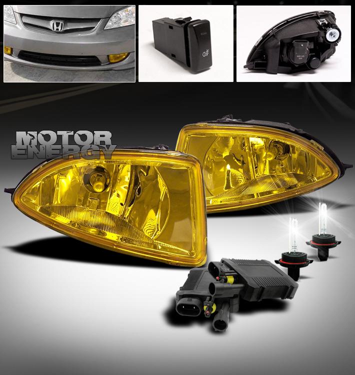 2004 2005 honda civic 2/4dr bumper yellow lens fog lights lamp+6000k hid+harness