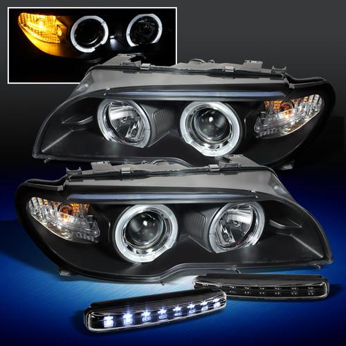 04-06 bmw e46 3-series 2dr coupe black dual halo projector headlights + drl led