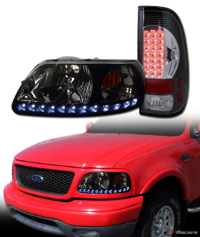 Smoke head lights+corner signal amber aw+led tail brake lamp blk 97-03 ford f150