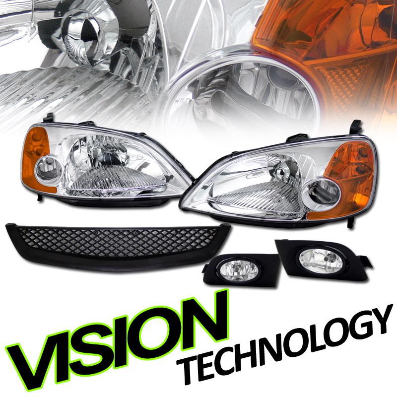 Chrome head lights w/ amber+clear fog lamps+mesh grille 01-03 civic coupe/sedan