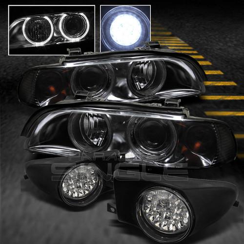 Smoked 97-03 bmw e39 5-series halo projector headlights+led fog lights w/switch