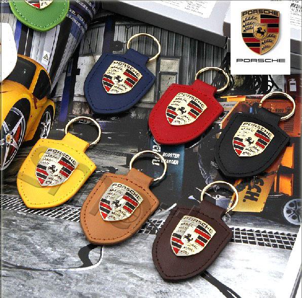 Porsche design black/yellow/red/blue keychain leather key fob ring gold crest 