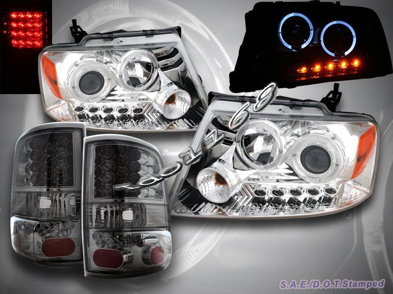 04-08 ford f-150 halo led headlights chrome projector +tail lights led smoke