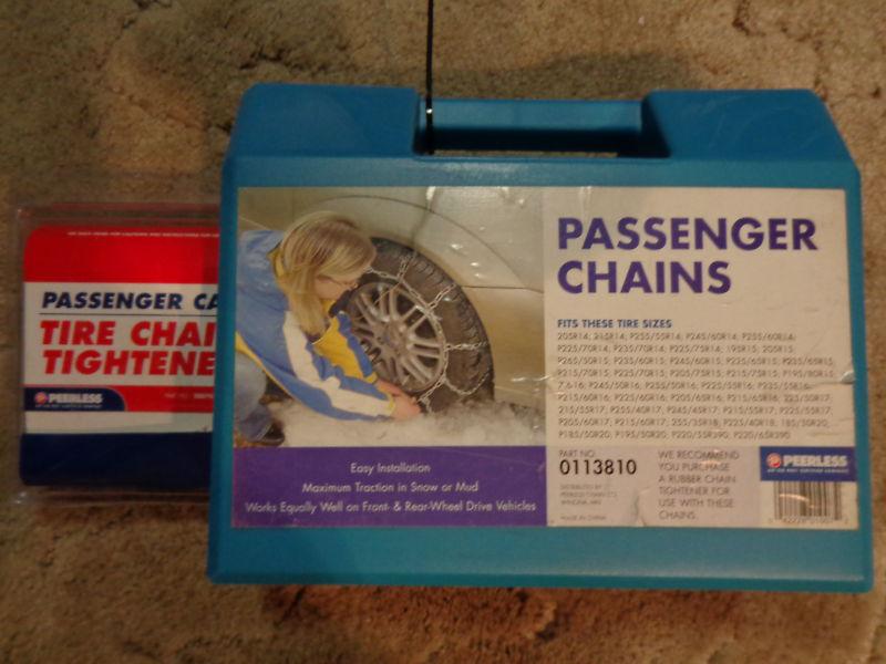 Peerless passenger car tire chains with tire chain tighteners, new never used