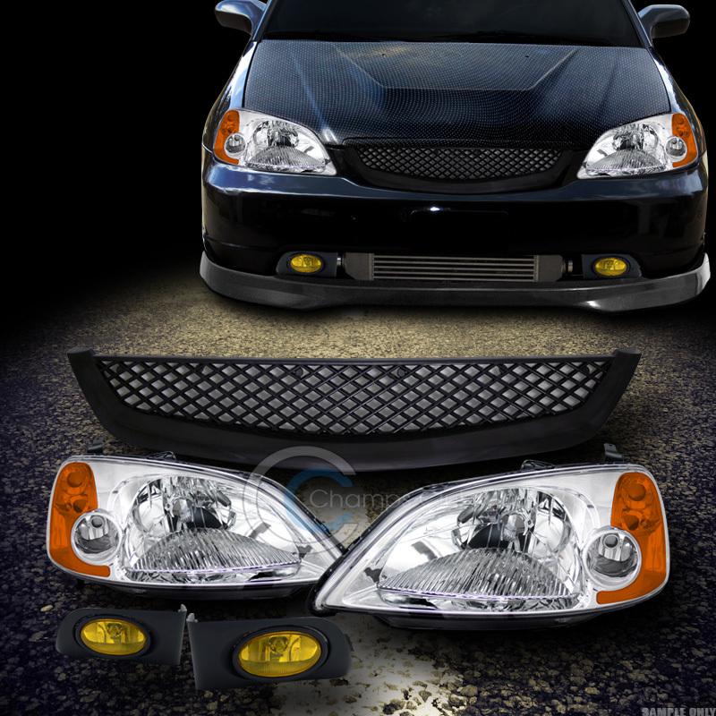 Chrome headlights amber dy+grill grille+fog lamp+switch yellow 01-03 honda civic