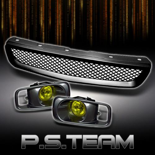 99-00 civic jdm sport front grille +jdm yellow bumper fog lights w/switch & bulb