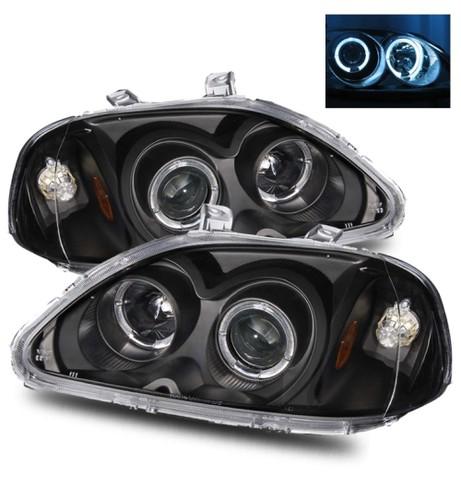 96-98 honda civic ek led angel eye halo black projector headlights amber reflect