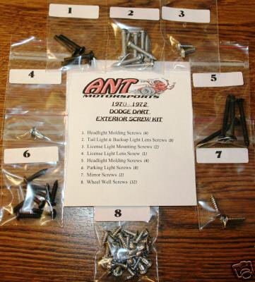 1972 dodge dart demon exterior screw kit w/grill retainers    70pcs.