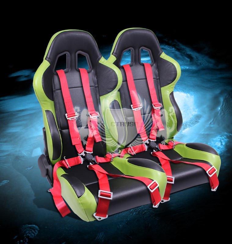 2x jdm black/green turino racing bucket seats+6-pt red belts camlock strap pair