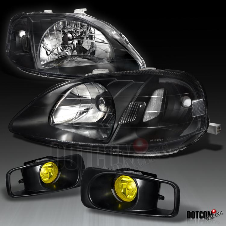 Honda 1999-2000 civic ek9 2/3/4dr blk headlights w/yellow fog lamp