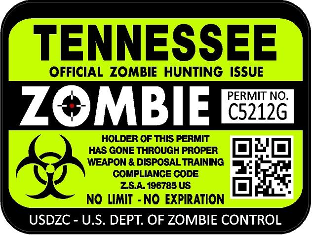 Tennessee zombie hunting license permit 3"x4" decal sticker outbreak 1252