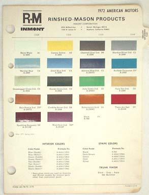 1972 amc r-m color paint chip chart amx javelin matador gremlin more