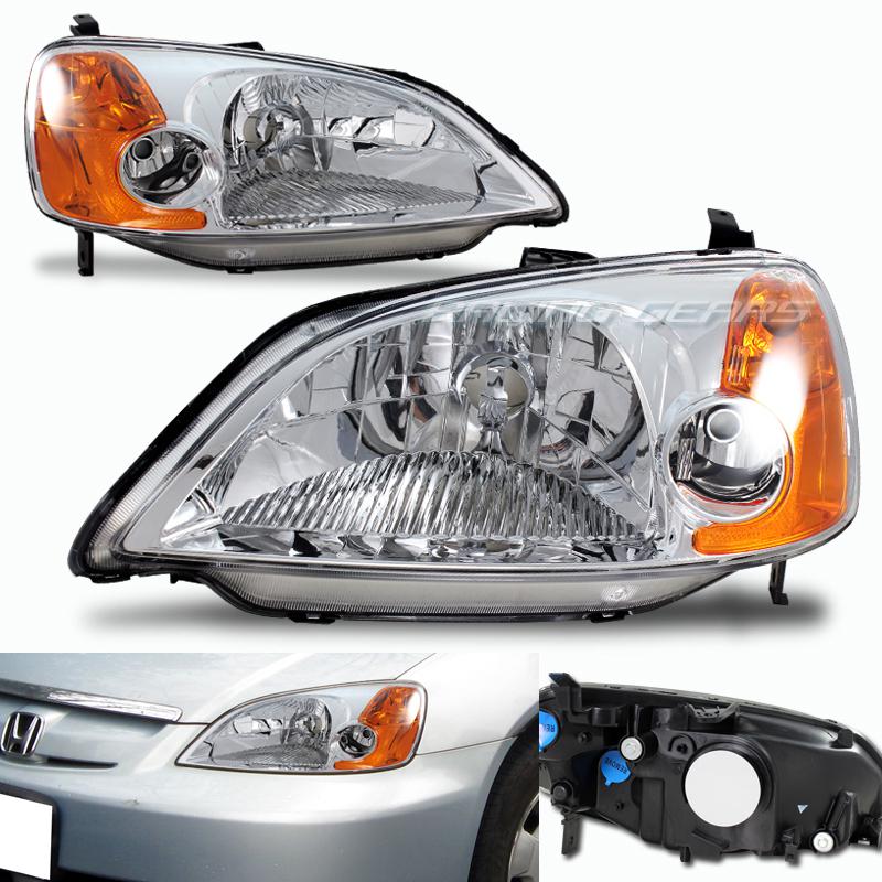 01-03 honda civic jdm chrome housing clear lens amber reflector headlight lamps