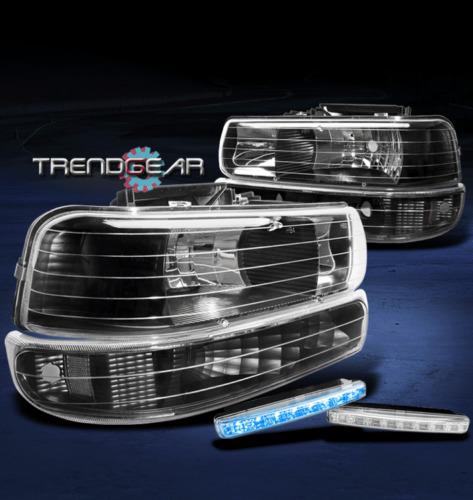 99-02 chevy silverado/tahoe/suburban crystal black head light+bumper+led drl kit