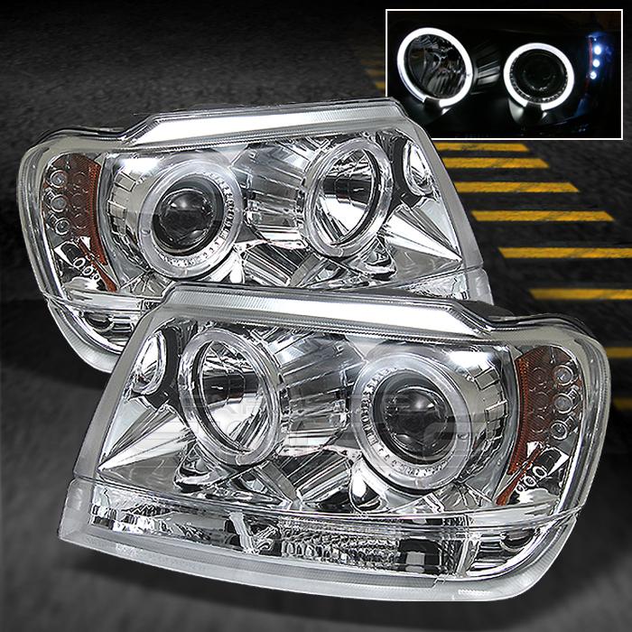 99-04 jeep grand cherokee dual halo projector led chrome headlights lamps pair