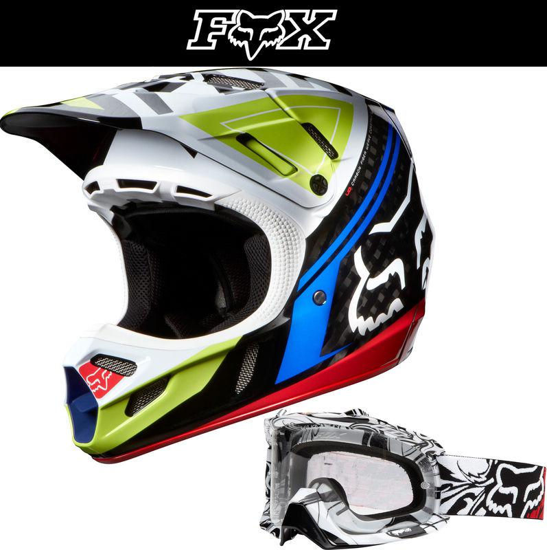 Fox racing v4 intake black red dirt bike helmet w/ encore white airspc goggle