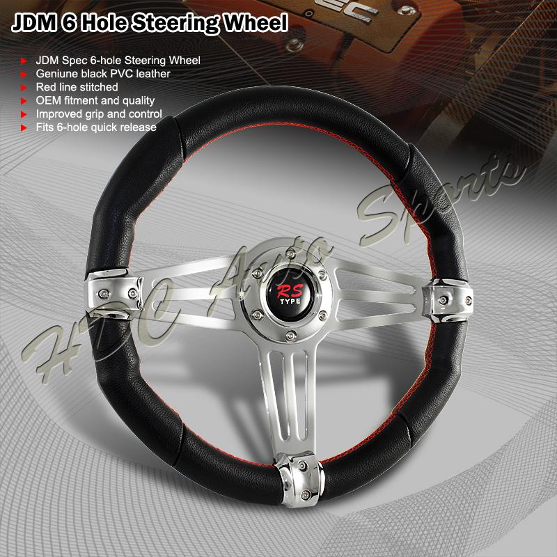 320mm jdm red stitched black pvc leather chrome spokes 6-hole steering wheel