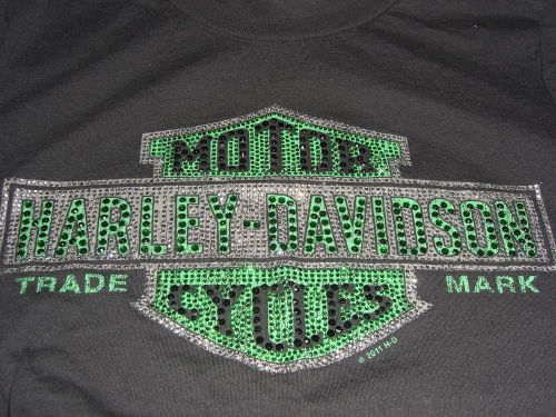 Women&#039;s harley davidson green bling bar and shield tee shirt