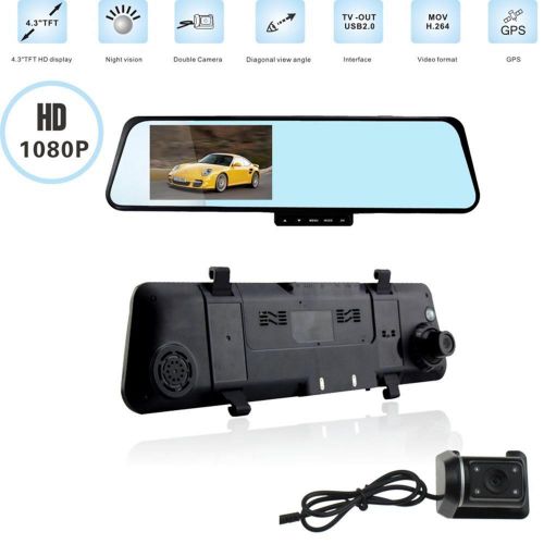 4.3&#034;lcd blue glass fhd rearview mirror car dvr dual lens camera video dash cam