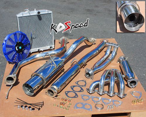 Stainless catback cat back exhaust+header+aluminum radiator+blue fan system eg