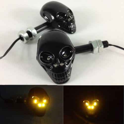 2x 12v universal motorcycle black skull turn signal amber led light indicator