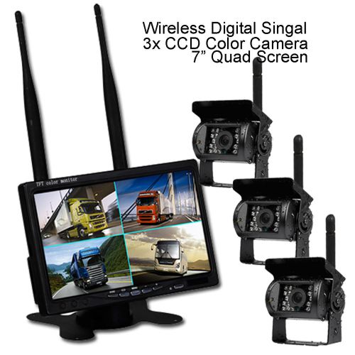 Digital wireless car rear view system 7&#034; quad monitor + 3x reversing ccd camera