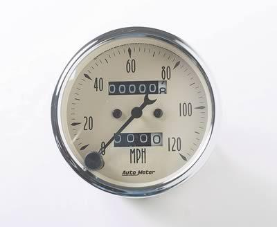 Autometer antique beige speedometer 0-120 mph 3 1/8" dia mechanical 1896