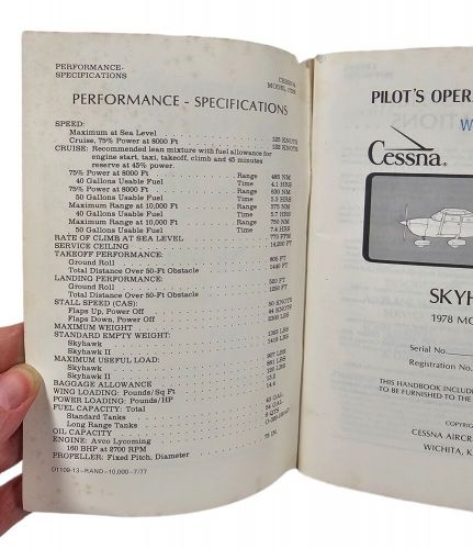 Vintage 1978 cessna skyhawk model 172n pilot’s operating handbook