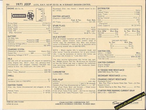 1971 jeep jeepster 6 cylinder ohv 232 ci / 145 hp car sun electronic spec sheet