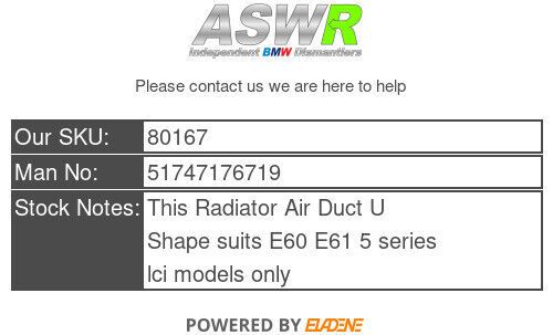 Bmw radiator air duct u shape e60 e61 5 series lci 51747176719