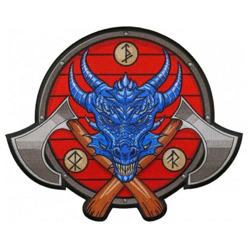 Medium viking red with blue dragon and battle axes embroidered biker patch