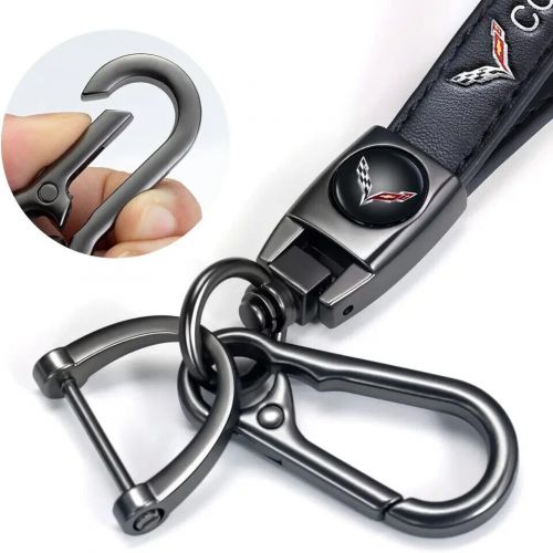 Genuine leather keychain ring sports car design gun metal finish caribiner black