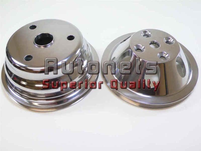 Polished aluminum pulley set sbc chevy 283-350 long water pump single groove