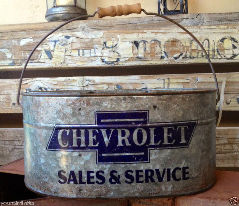 Chevy galvanized metal tool part bucket vintage sales oil can sign