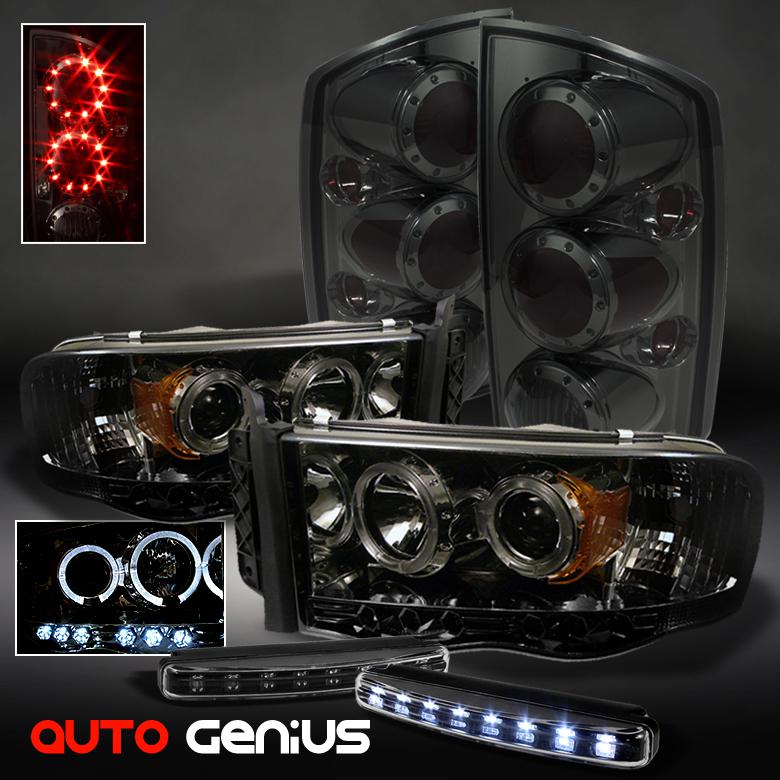 02-05 ram 1500, 03-05 2/3500 smoke projector headlights + led tail lights + drl