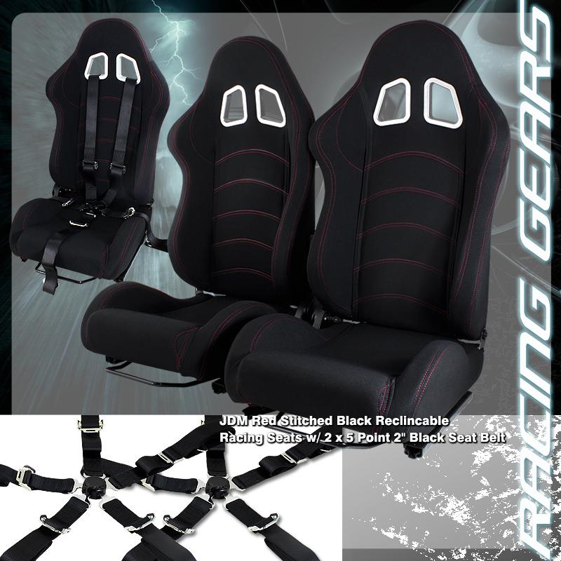 2x universal black jdm reclinable racing seats red stitching + black seat belts