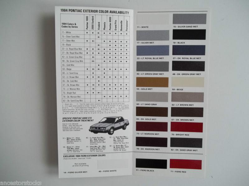 Sell New Old Stock NOS GM OEM 1984 Pontiac Colors Dealer Card. Firebird ...