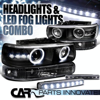 99-02 silverado tahoe black halo projector headlights+bumper lamps+led fog lamp