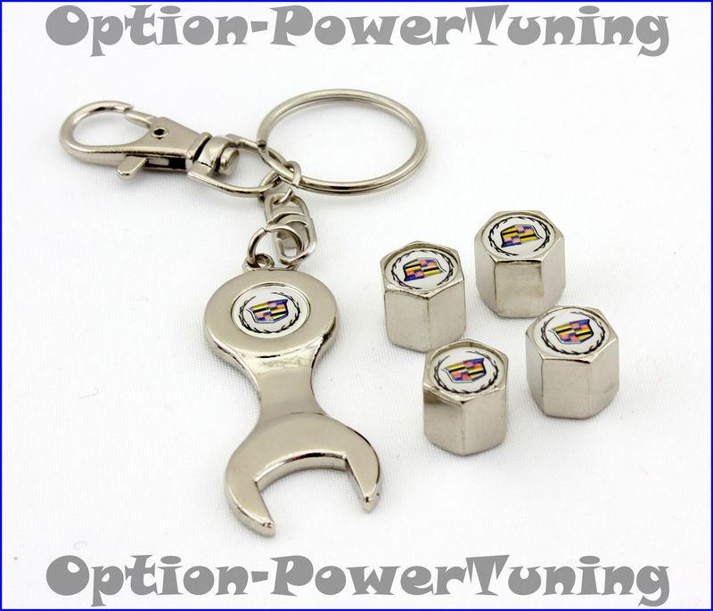 Cadillac logo tire wheel valve cap stems & keychain white gift new