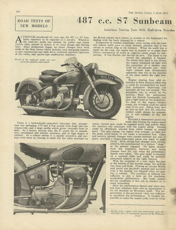 1952 sunbeam 500 s7 motorcycle road test with specs 2 pages 487cc